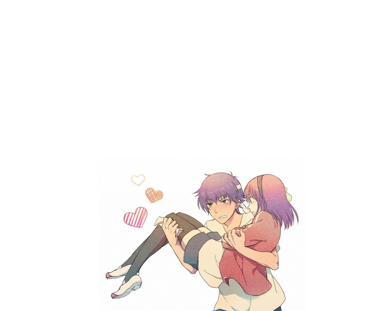 Парень несет девушку на руках в аниме Ангельские ритмы