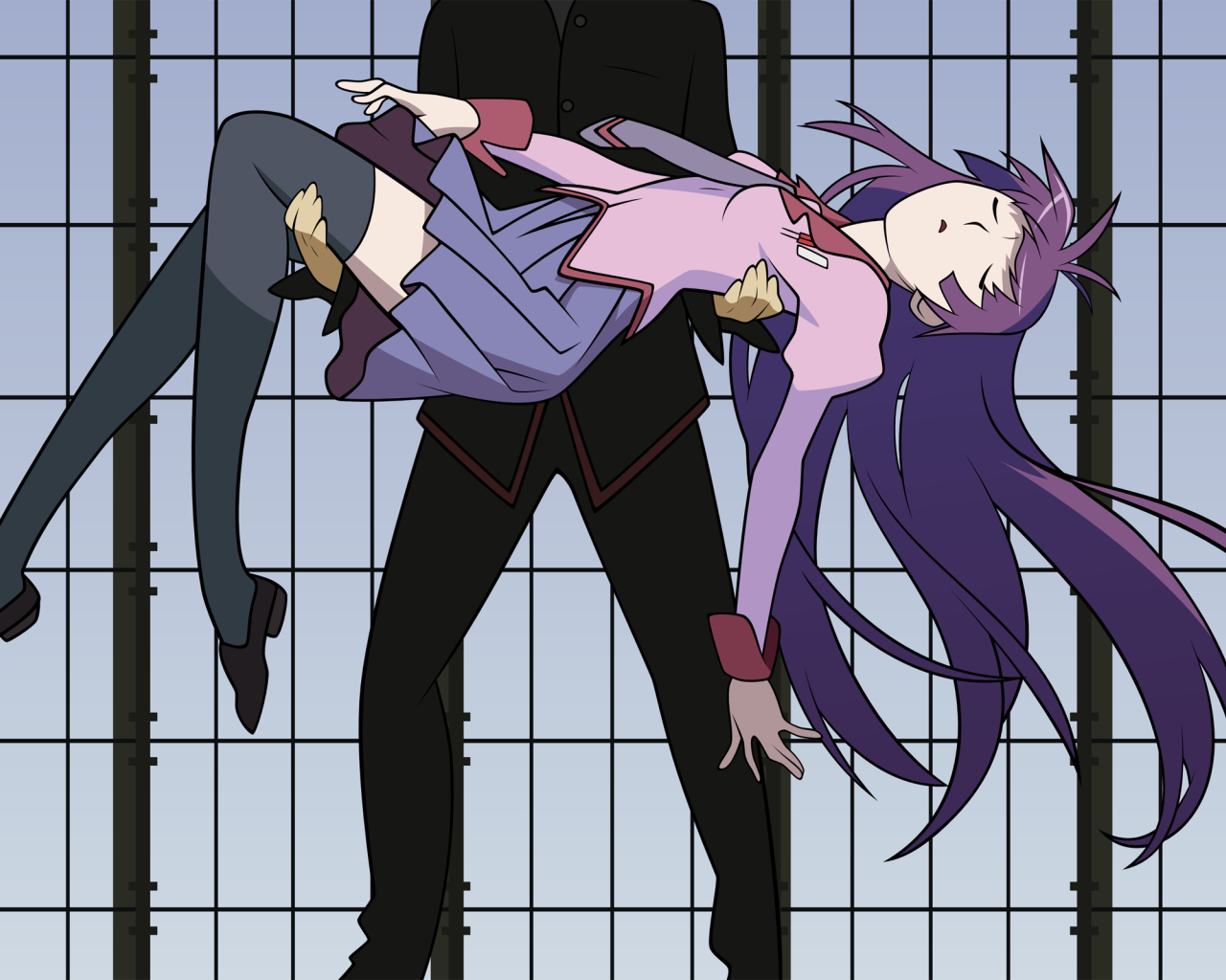 Парень держит девушку на руках в аниме Monogatari Series