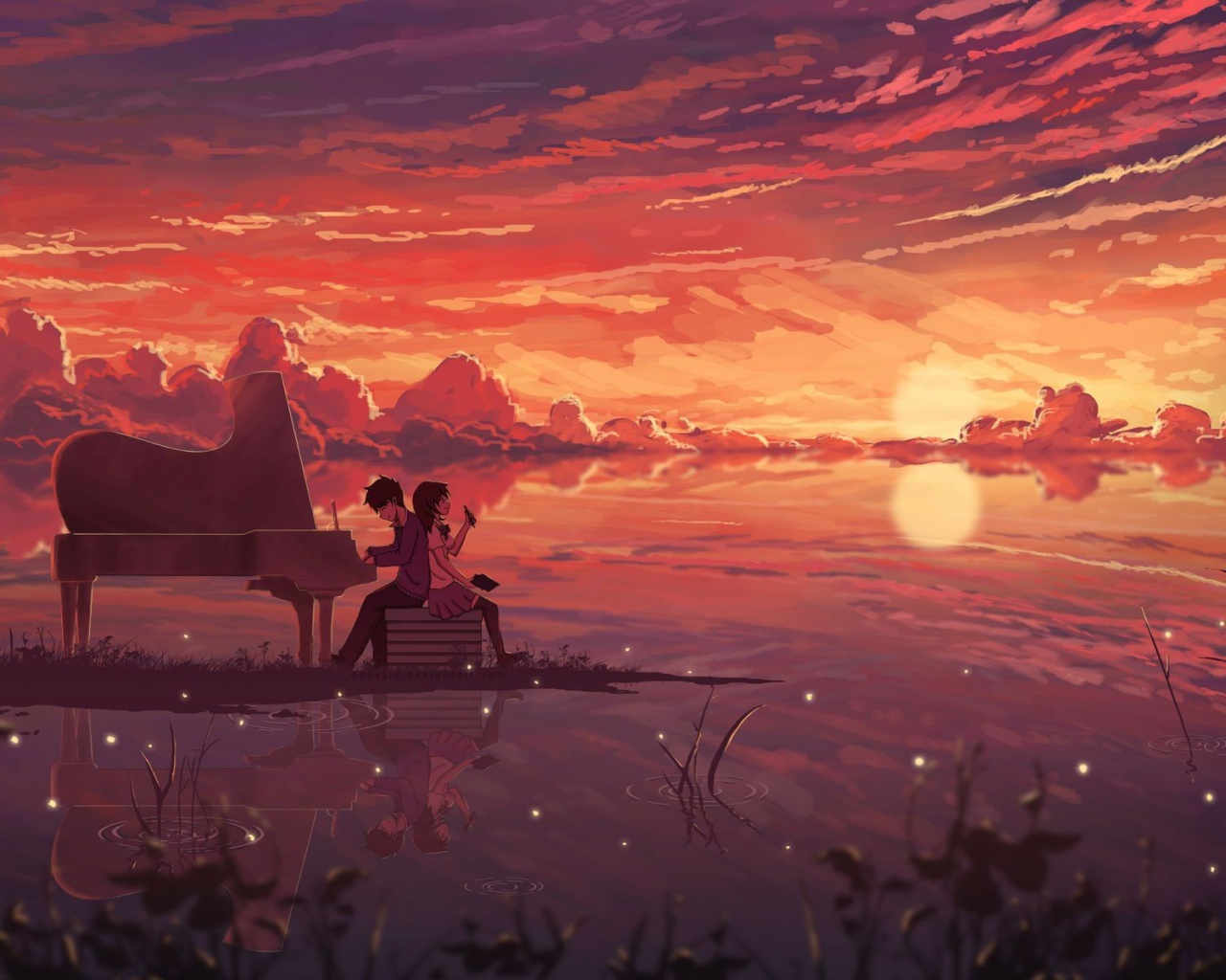 Парень играет на рояле для девушки, аниме