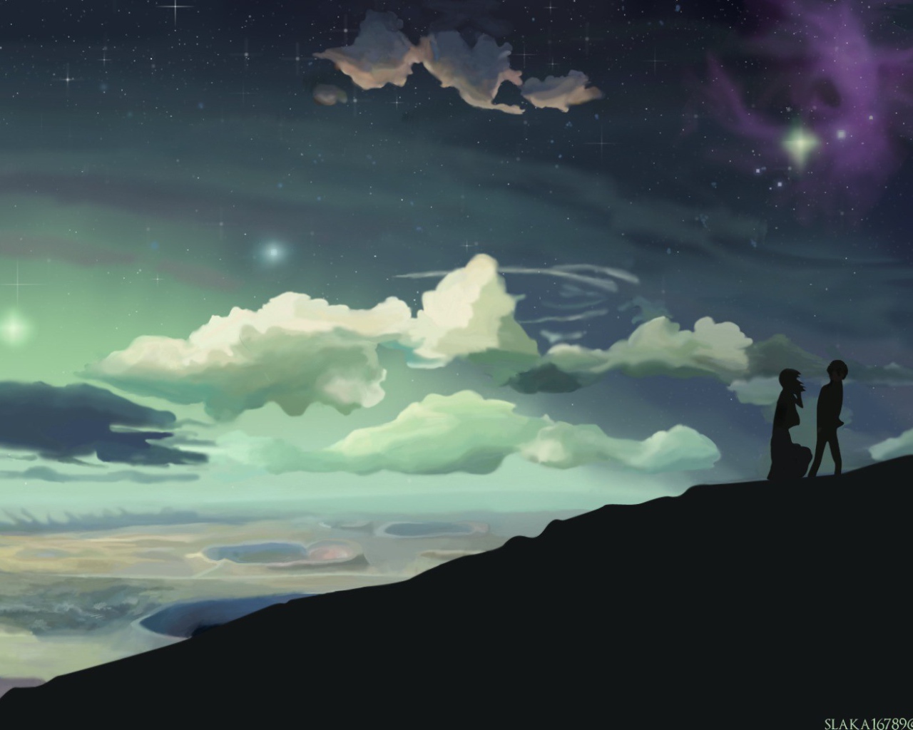 Силуэты двух человек на холме в аниме 5 Centimeters Per Second