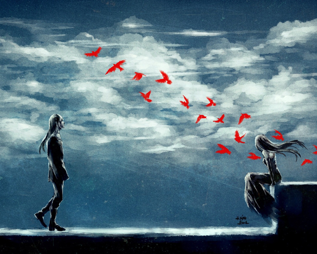 Двое смотрят на стаю красных птиц, аниме