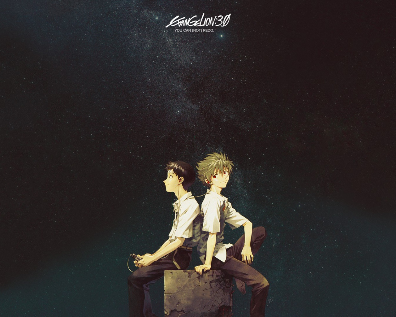 Два парня сидят на камне и слушают музыку, аниме