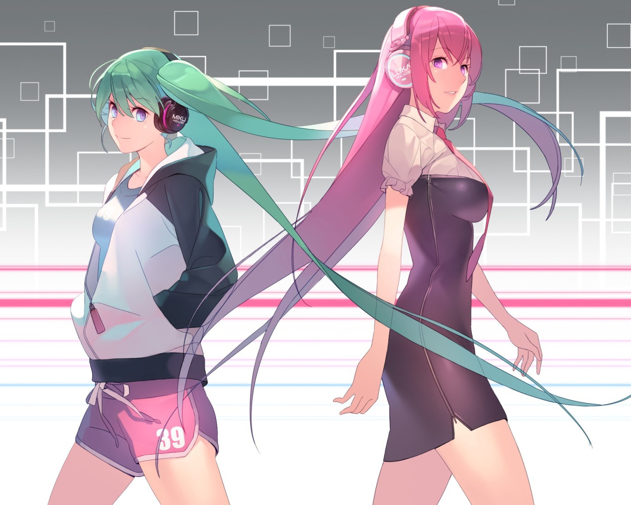 Вокалоиды с зелеными и розовыми волосами, аниме