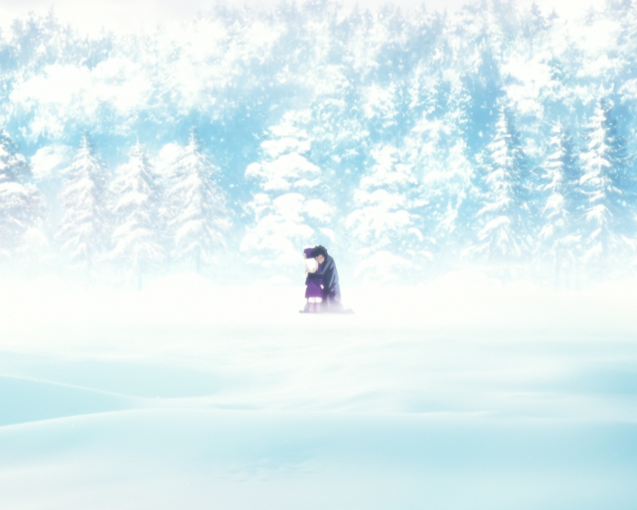 Зимний лес в горах, аниме Ночь прибытия