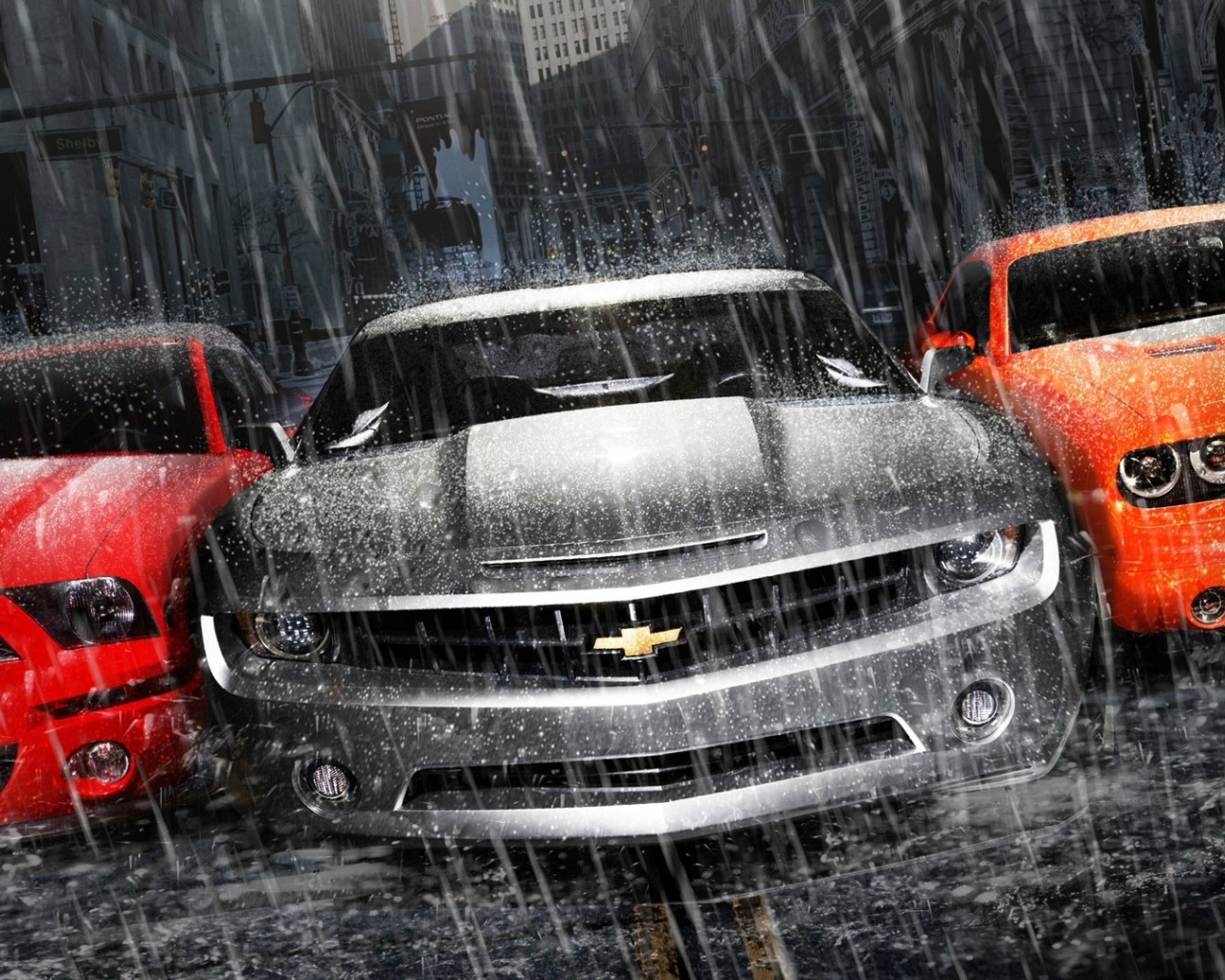 Мощные автомобили под дождем