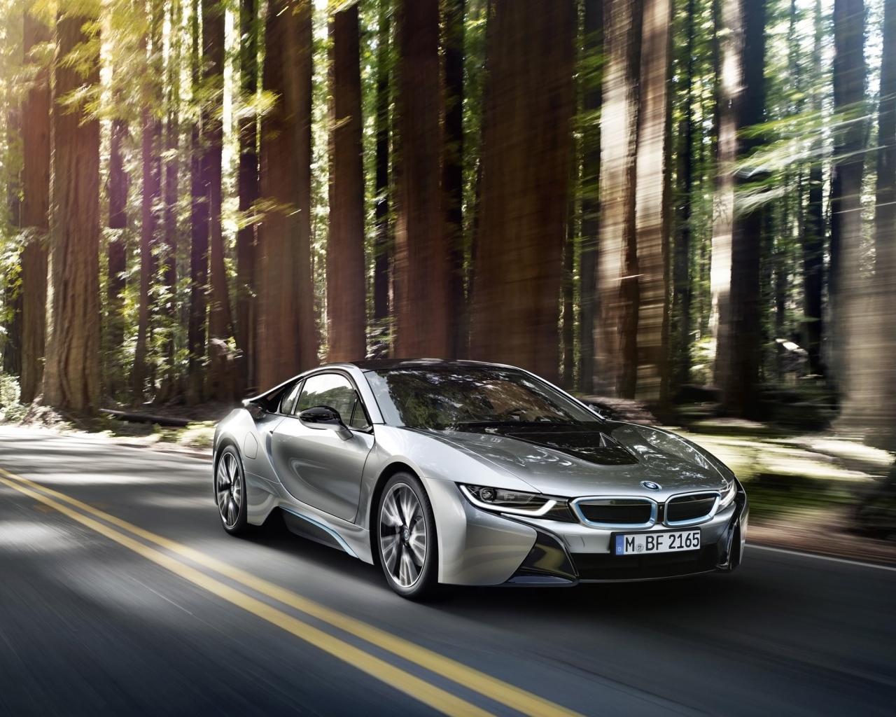 Новый BMW i8 на дороге в лесу