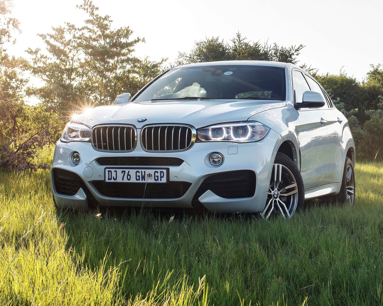 Белый BMW в поле за городом