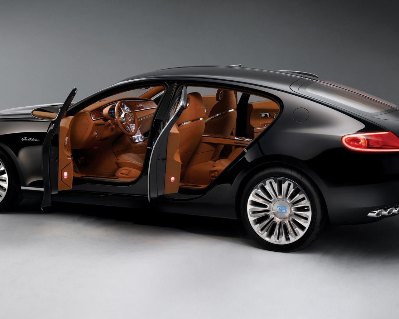 Black car Bugatti 16C Galibier with a brown interior