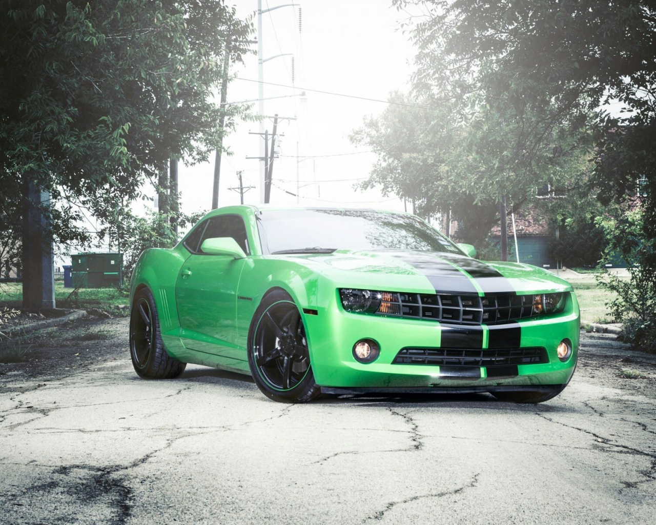 Зеленый Chevrolet Camaro на сером асфальте