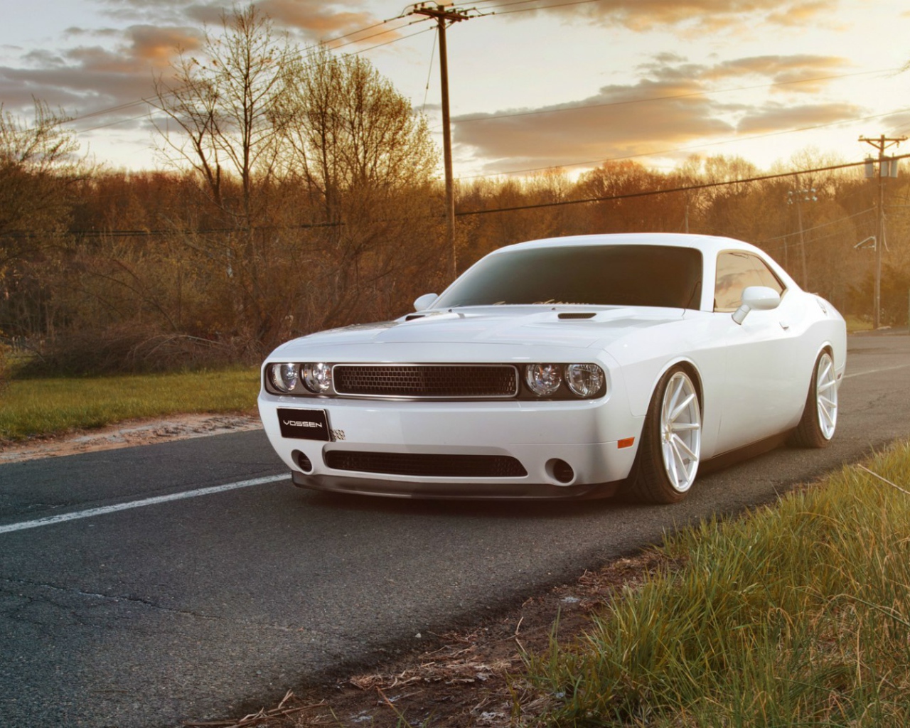 Белый Dodge Challenger на дороге