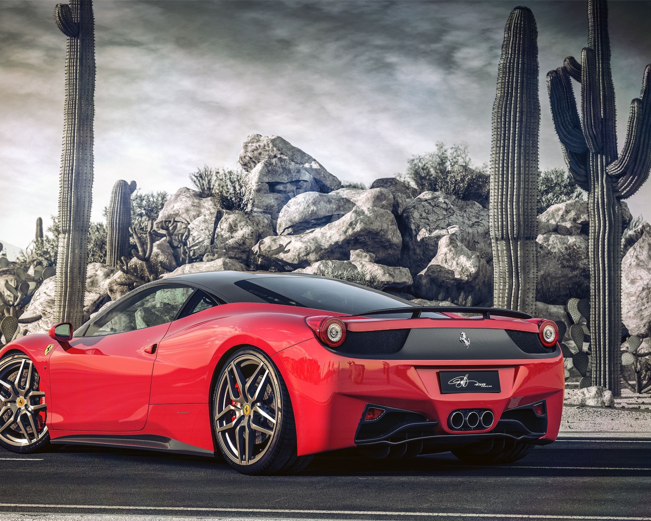Красный Ferrari у горы из камней