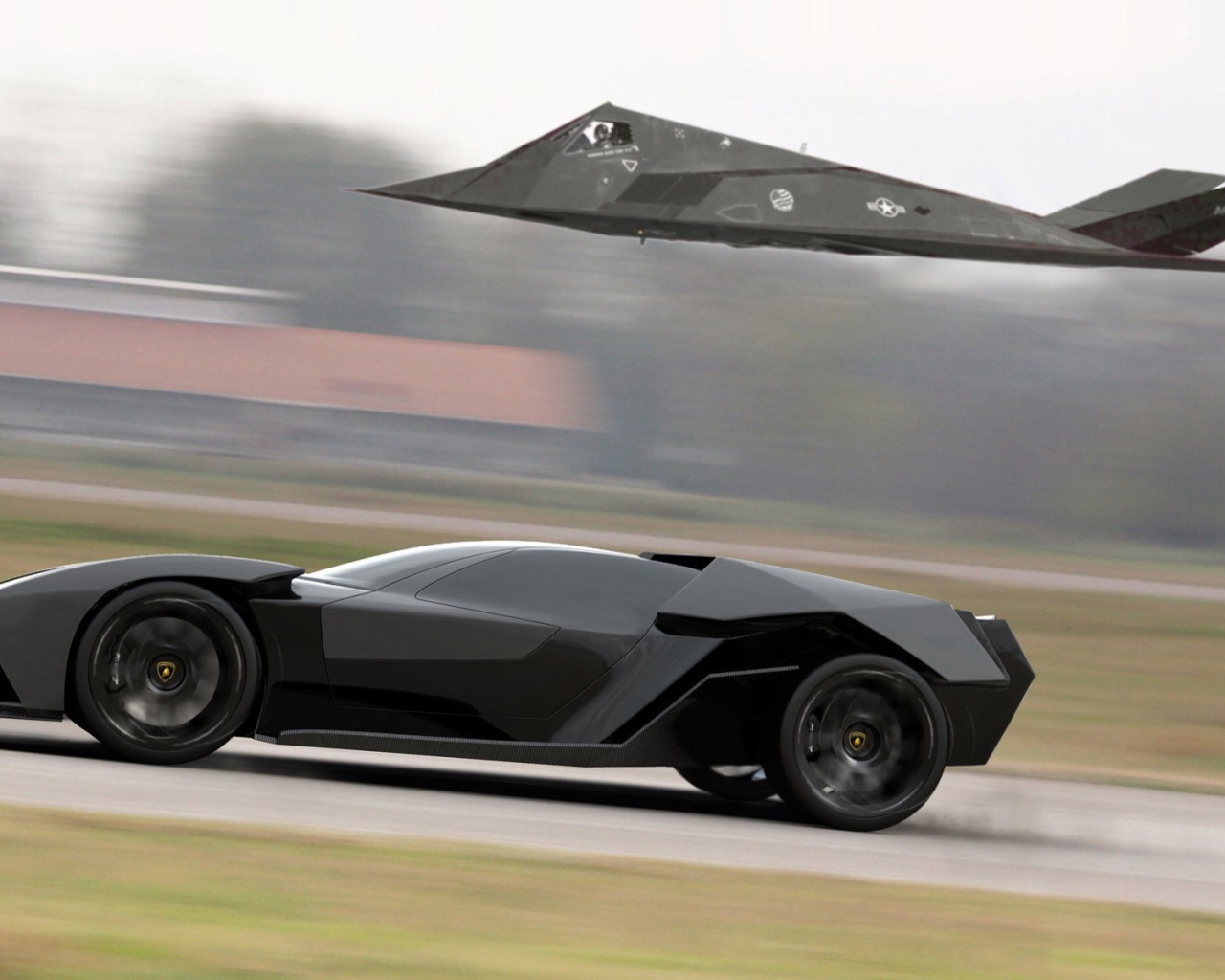 Самолет F-117 Nighthawk соревнуется в скорости с Ламборгини