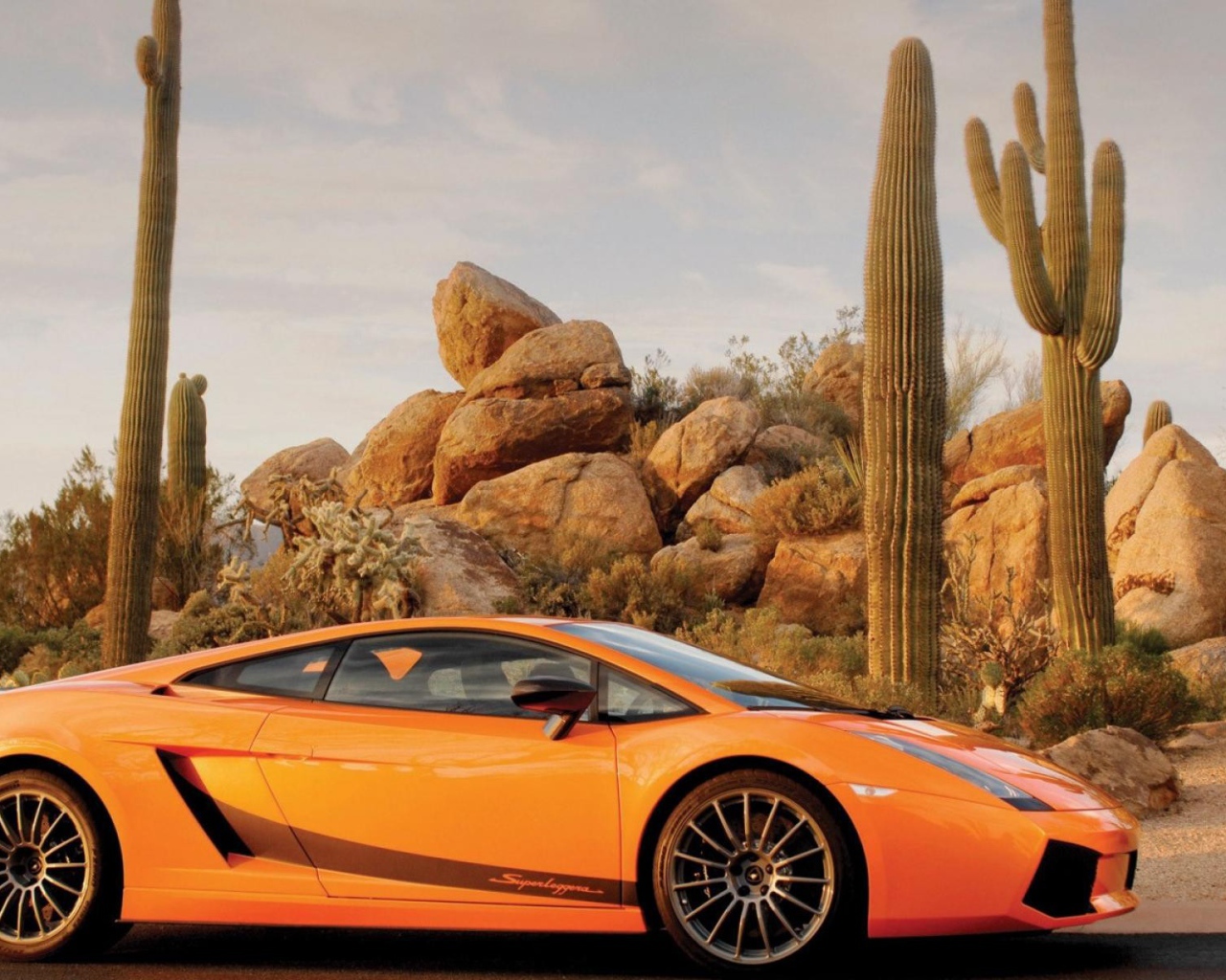 Оранжевый Ламборгини на фоне кактусов