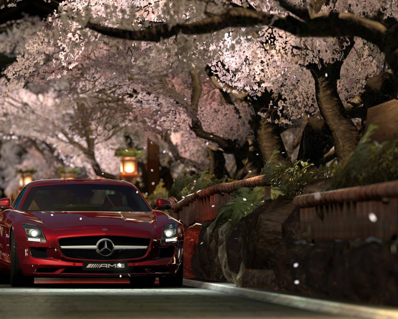 Красный Мерседес Gran Turismo под сенью сакуры