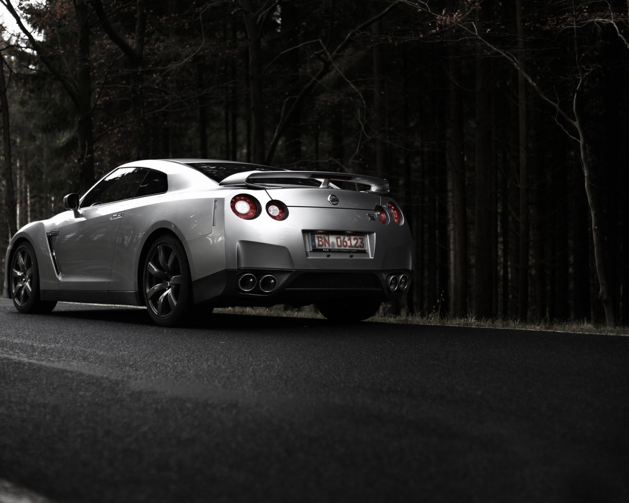 Серебристый Nissan GT-R на фоне темного леса