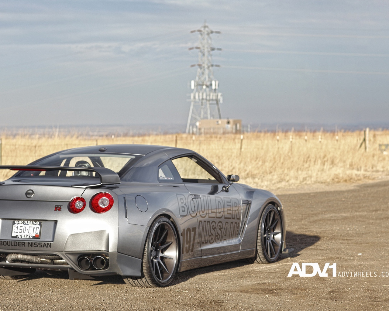 Серебристый спортивный Nissan GT-R на фоне поля