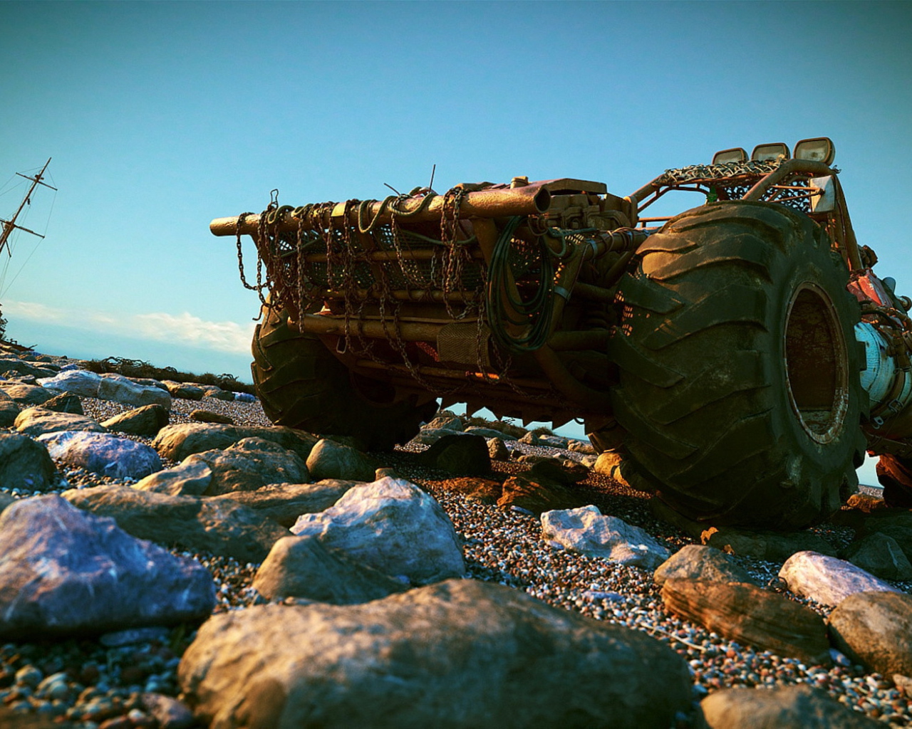 Вездеход на каменистом берегу