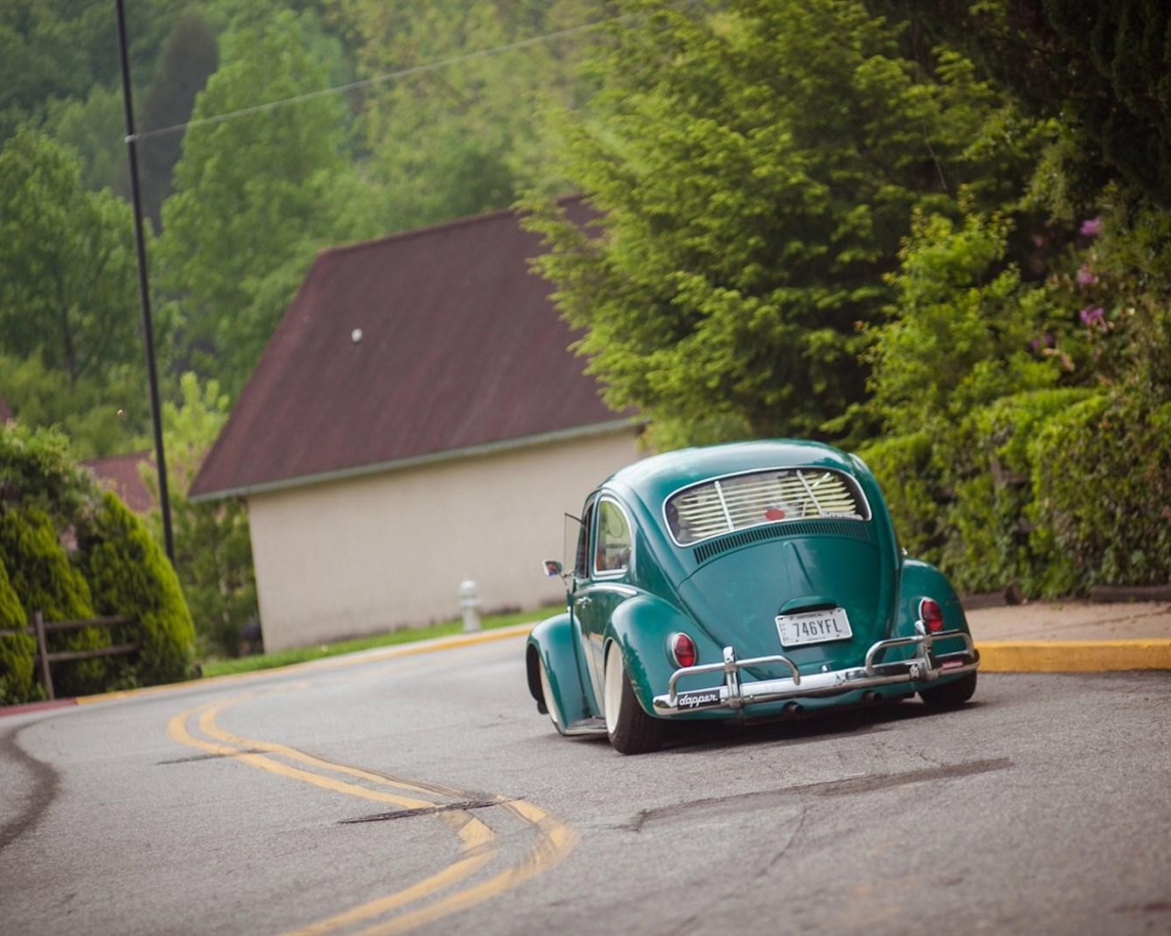 Зеленый Volkswagen Beetle на дороге