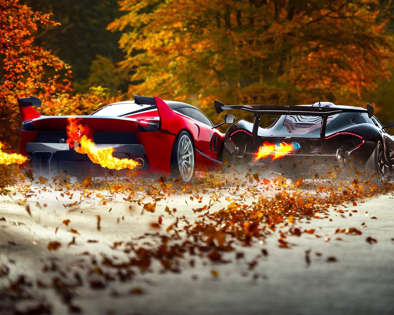 Гонка на осенней аллее Ferrari FXXK и McLaren P1