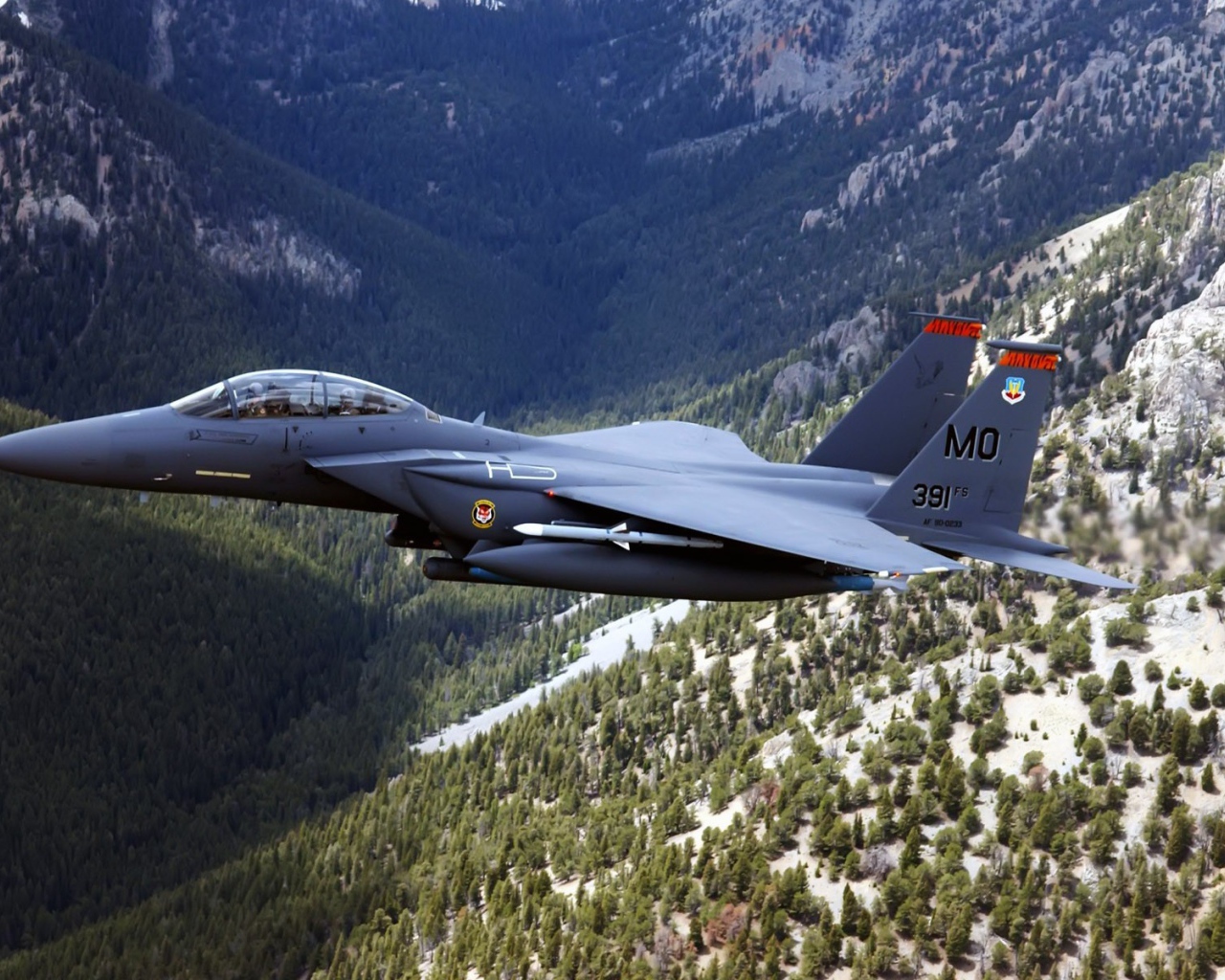 Истребитель F-15 Eagle над горным лесом