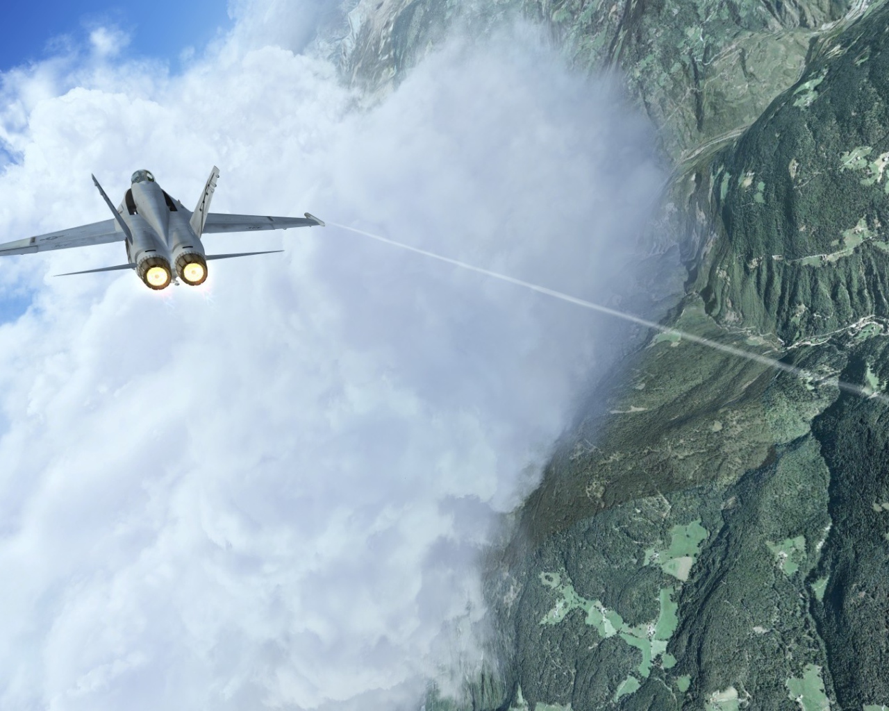 Истребитель летит сквозь облако в горах