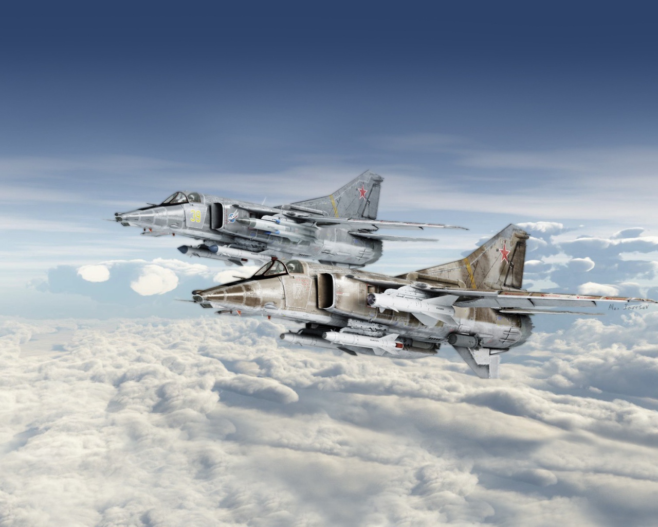 Истребители Mikoyan MiG-27 над облаками