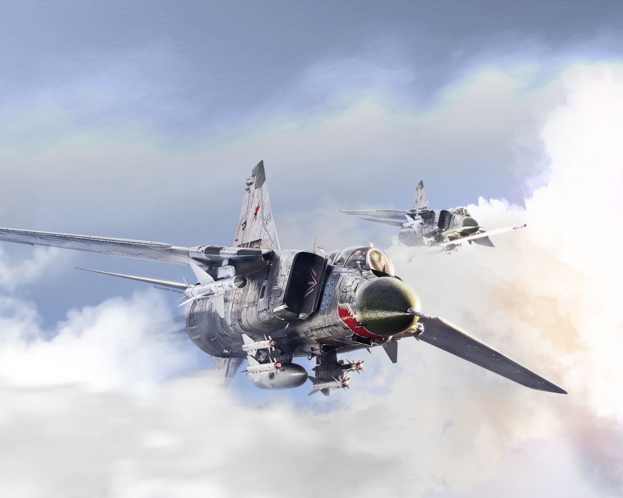 Два истребителя Миг-23 в облаках