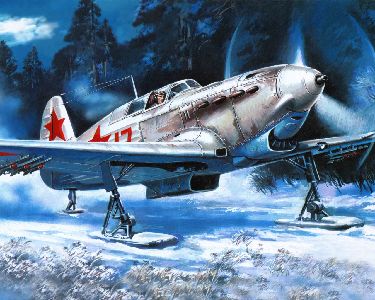 Самолет як-7 на лыжах