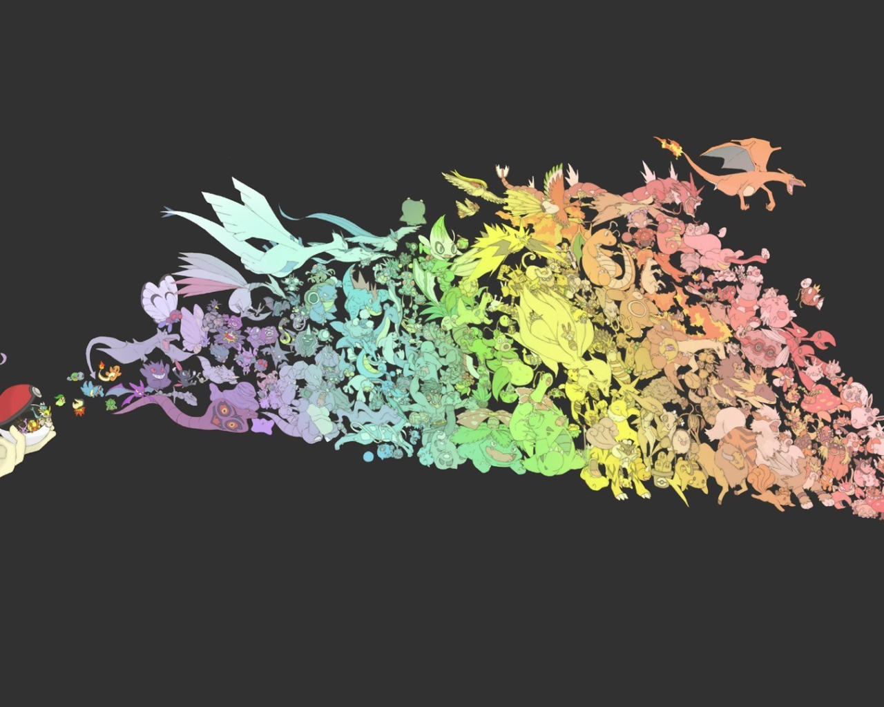 Стая летающих покемонов на сером фоне