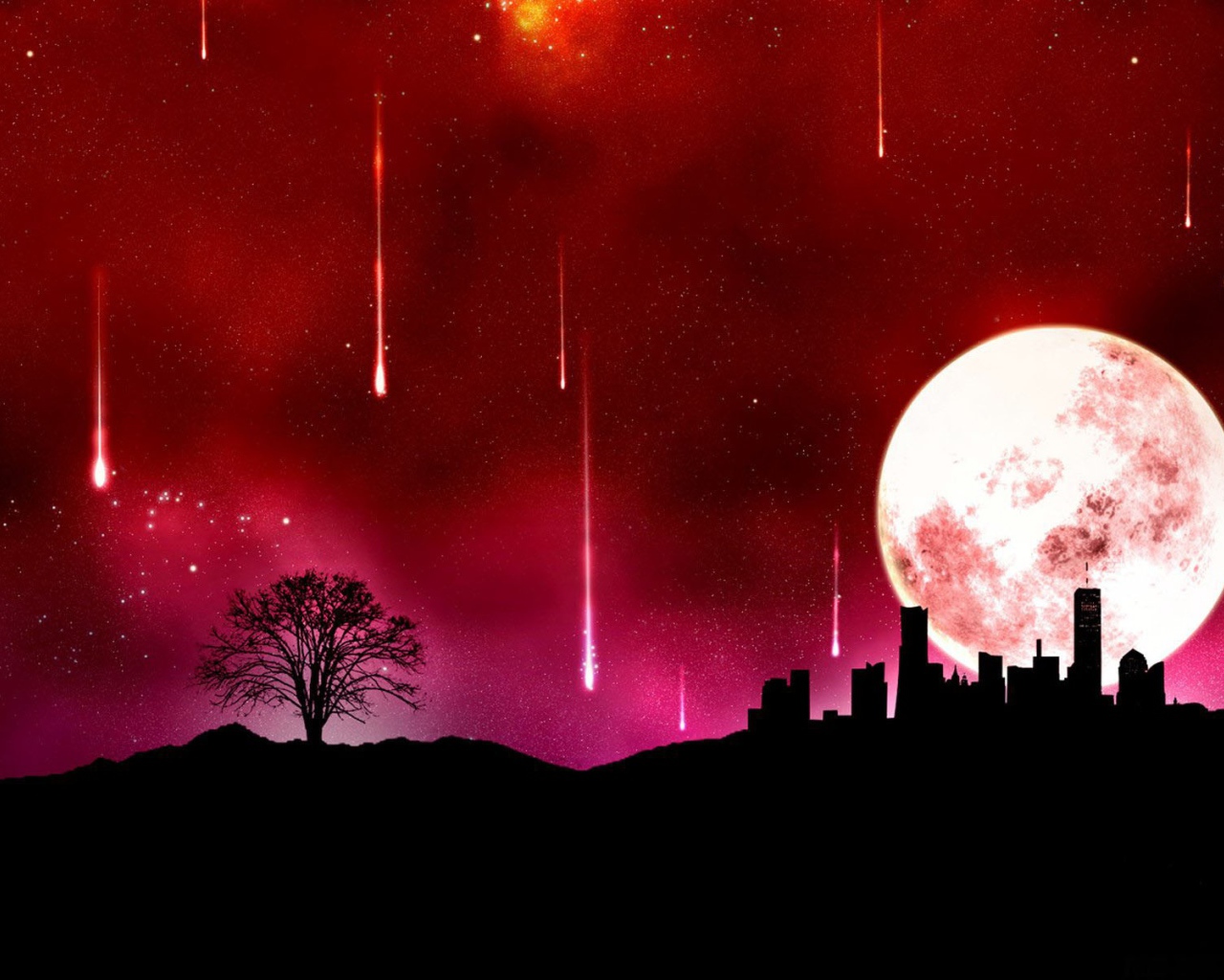 Огромная луна и падающие звезды, красный фон