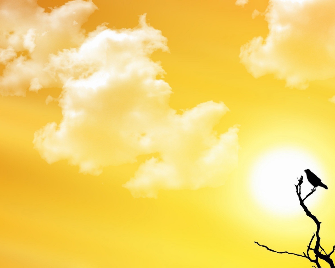 Птичка на ветке, желтый фон