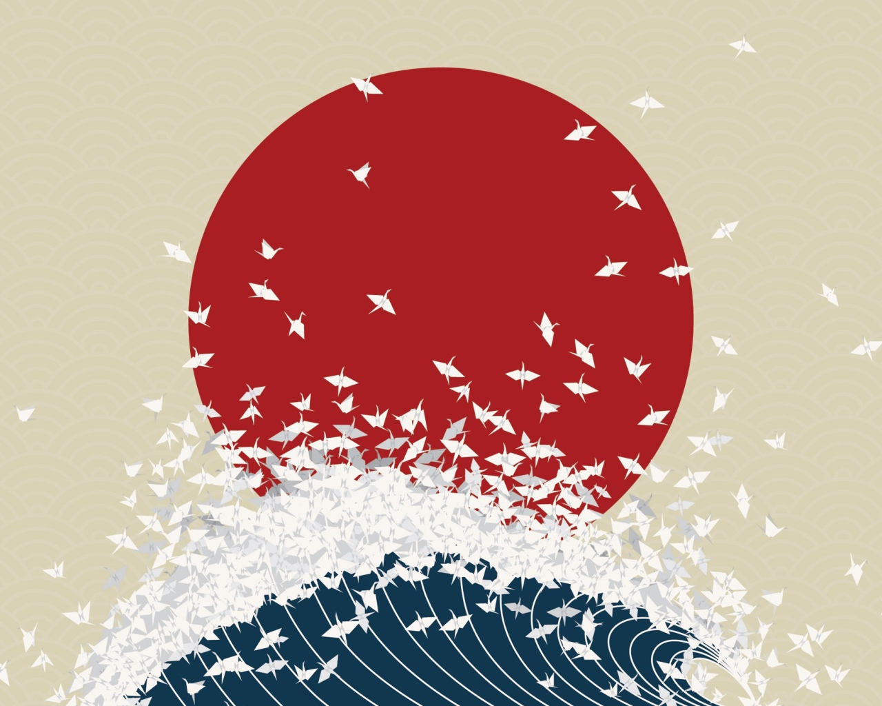 Птицы взлетают из волны на фоне флага Японии