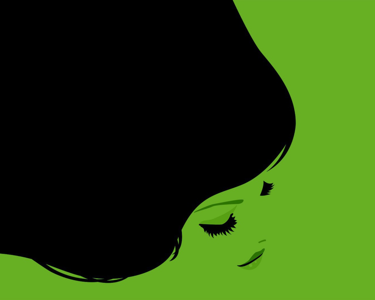 Черные волосы девушки, зеленый фон