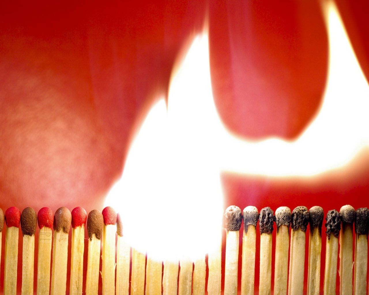 Горящий ряд спичек на красном фоне