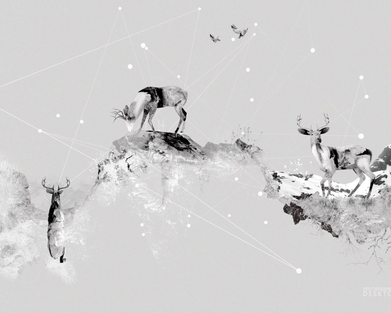 Олени в горах, серый фон