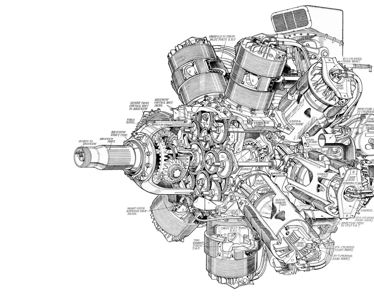 Чертеж мощного двигателя на белом фоне