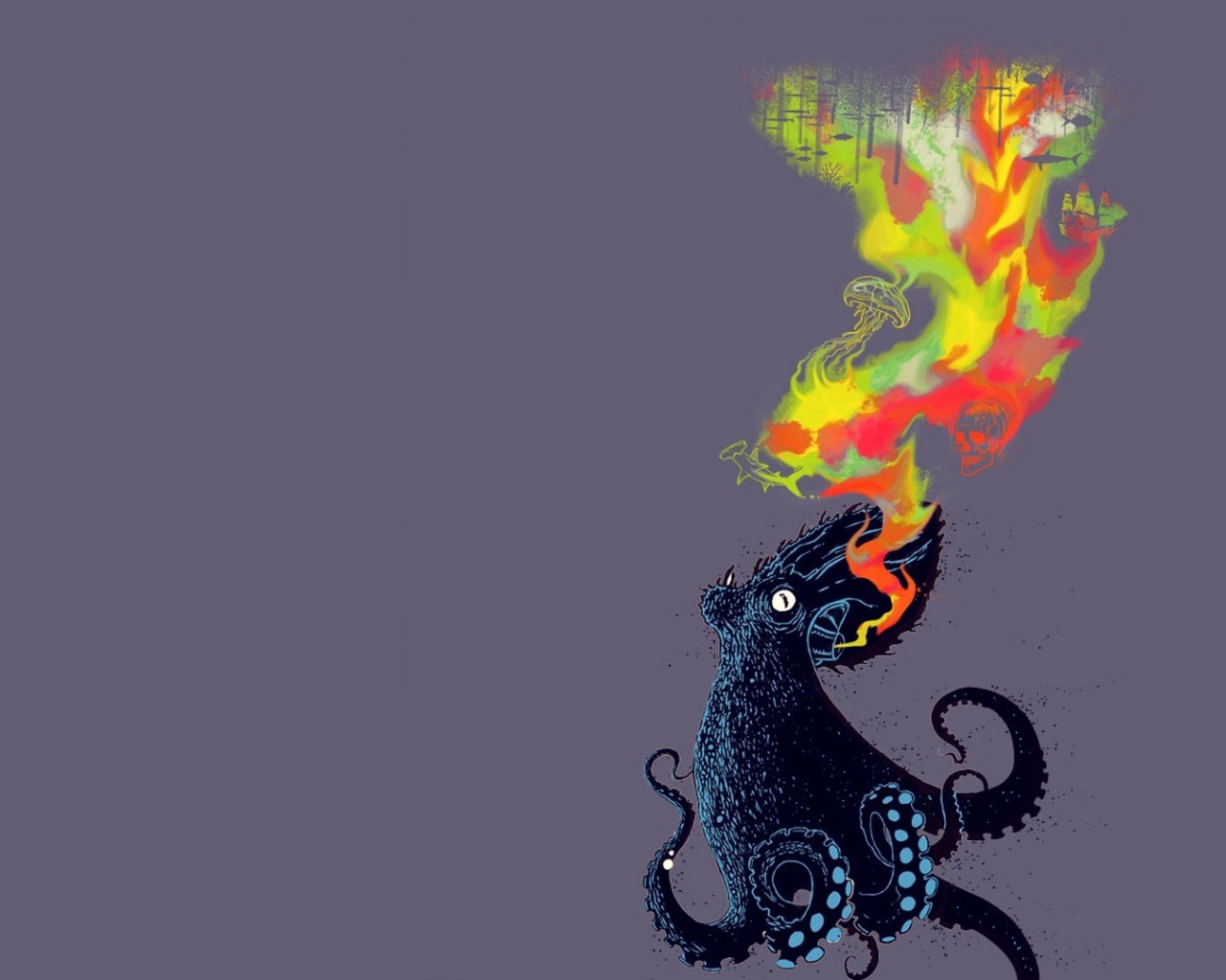 Огнедышащий осьминог, серый фон