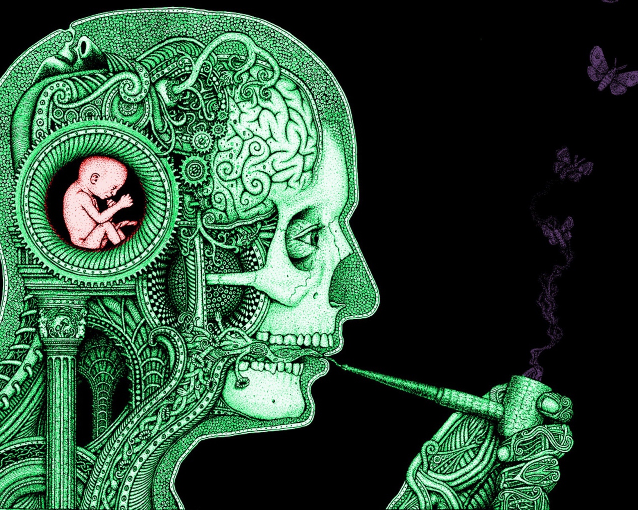 Зеленый силуэт курящего человека на черном фоне