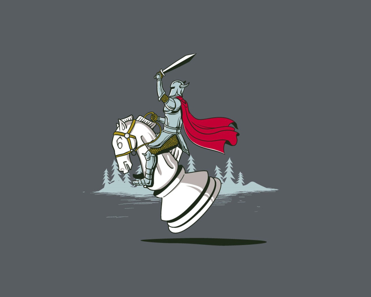 Рыцарь скачет на шахматном коне, серый фон