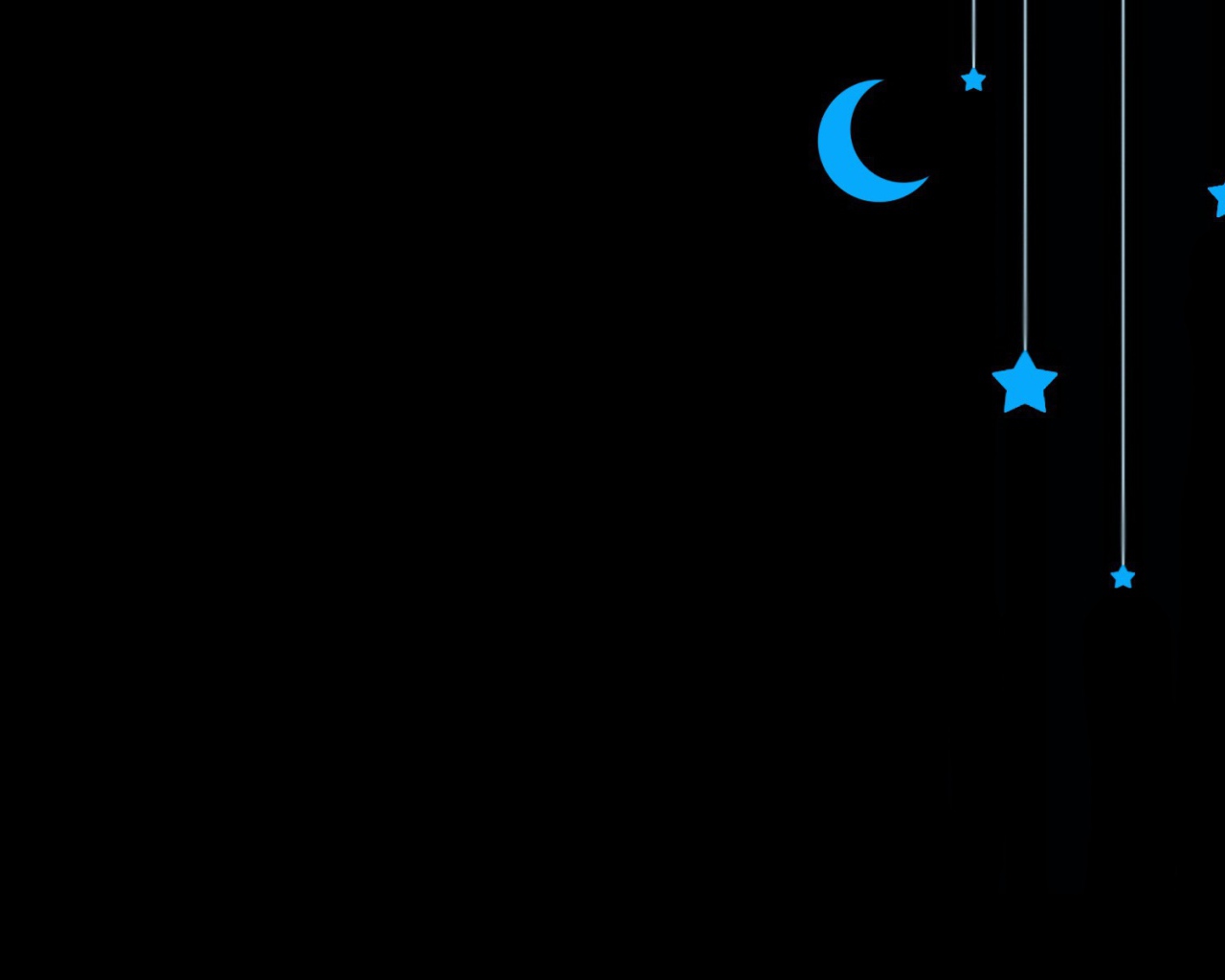Луна и звезды на веревочках, черный фон