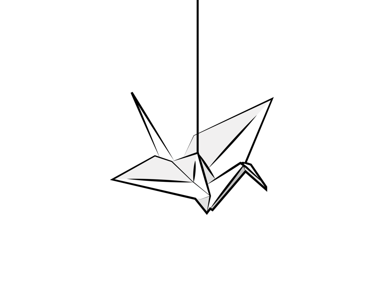 Журавлик оригами на нитке, белый фон