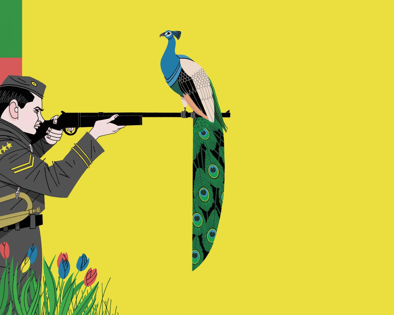 Фазан на ружье охотника, желтый фон