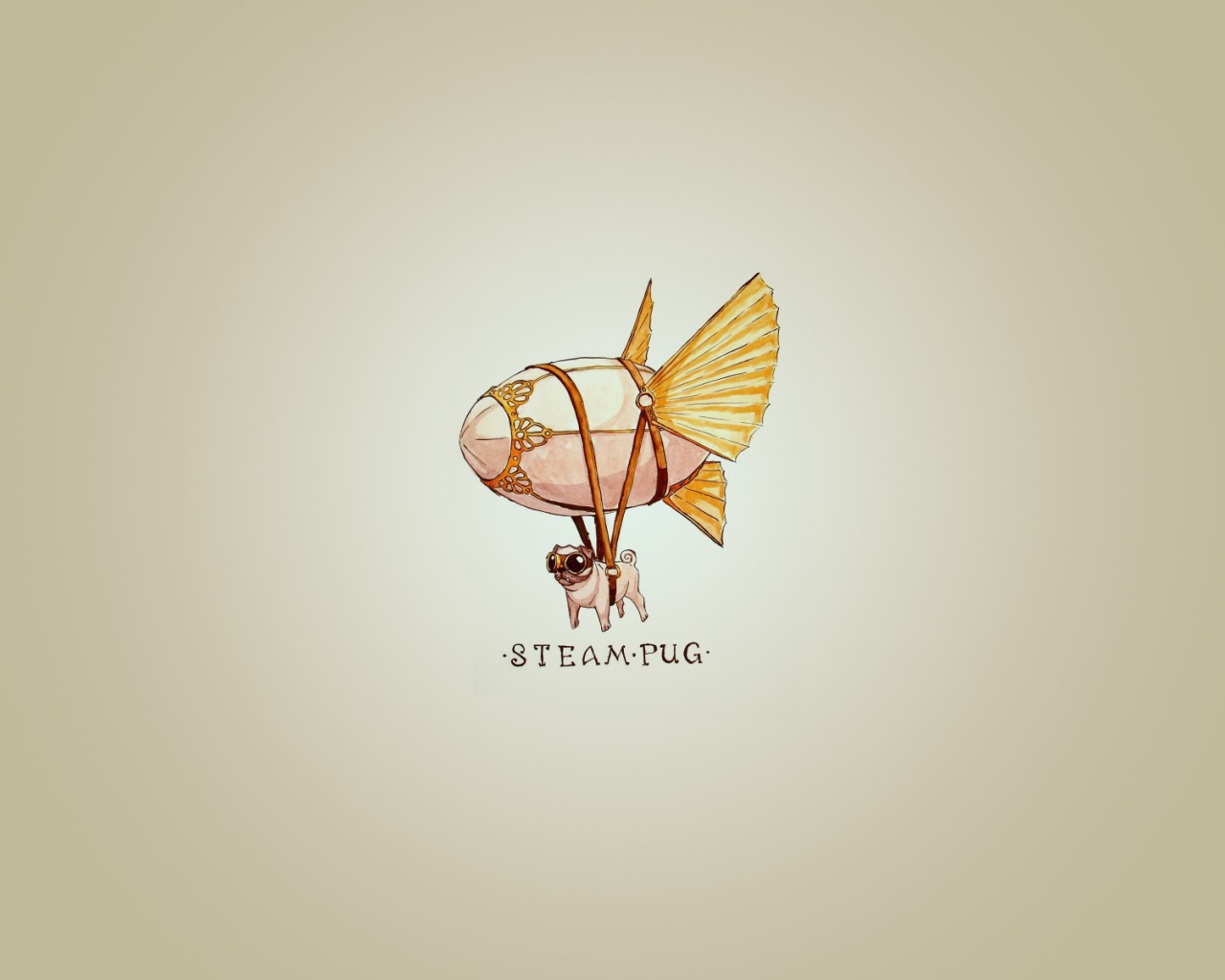 Мопс на дирижабле, серый фон