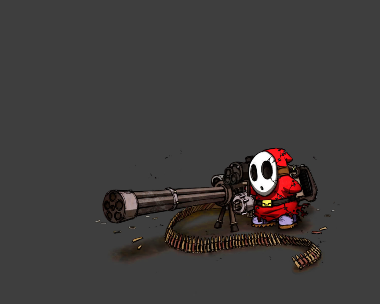 Санта в маске в пулеметом, серый фон