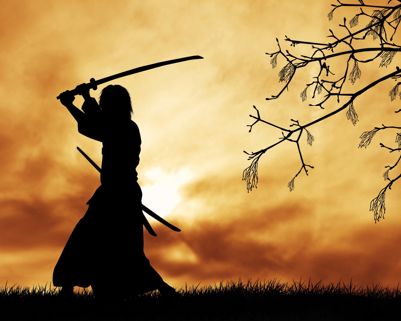Силуэт самурая с катаной