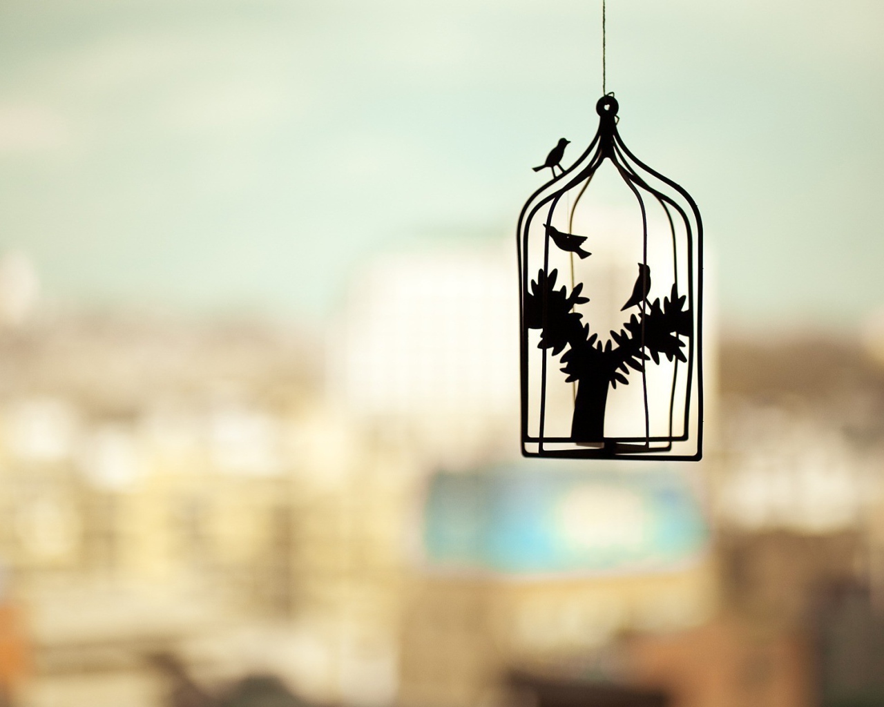 Силуэт клетки для птиц на нечетком фоне