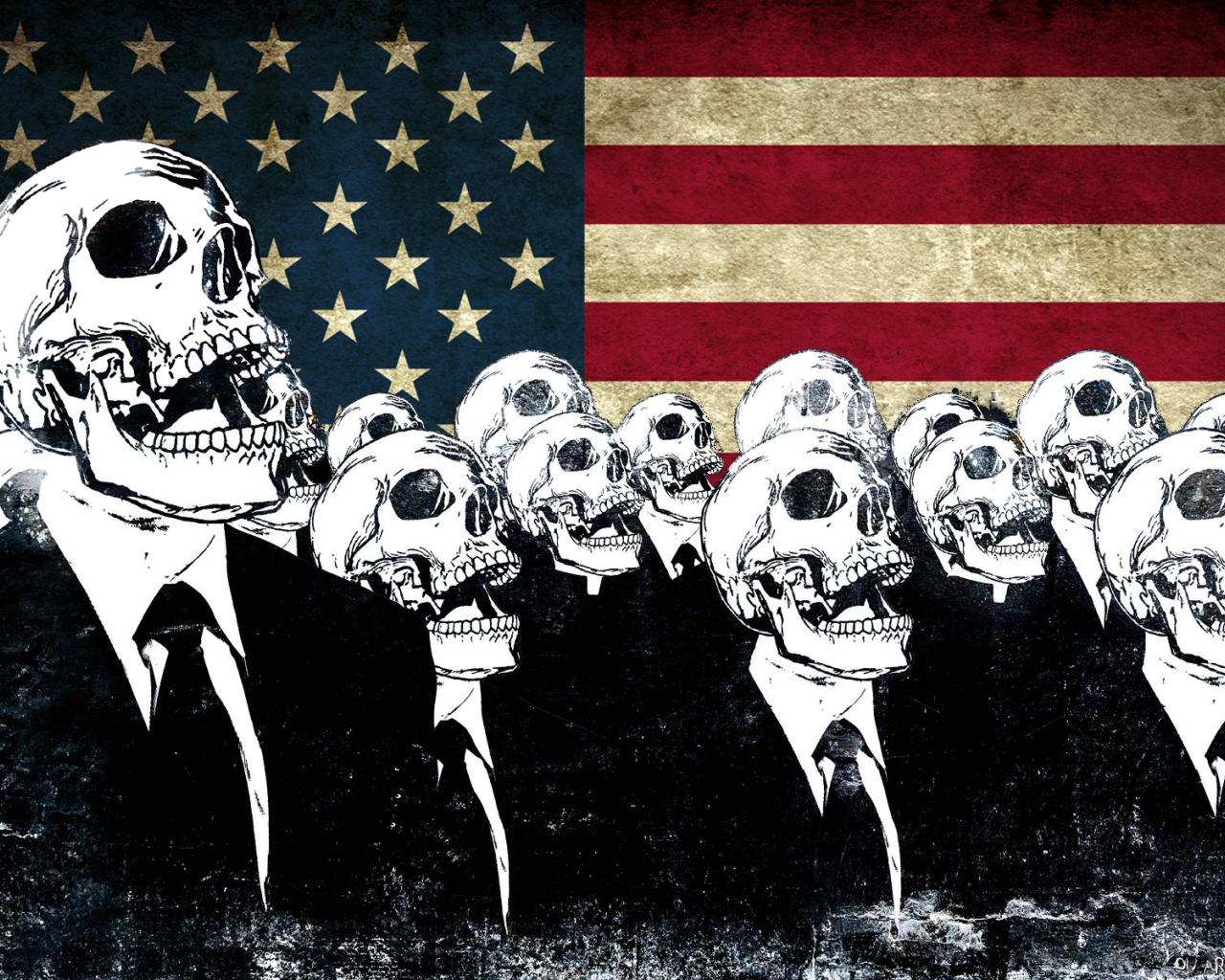 Скелеты в костюмах на фоне флага США