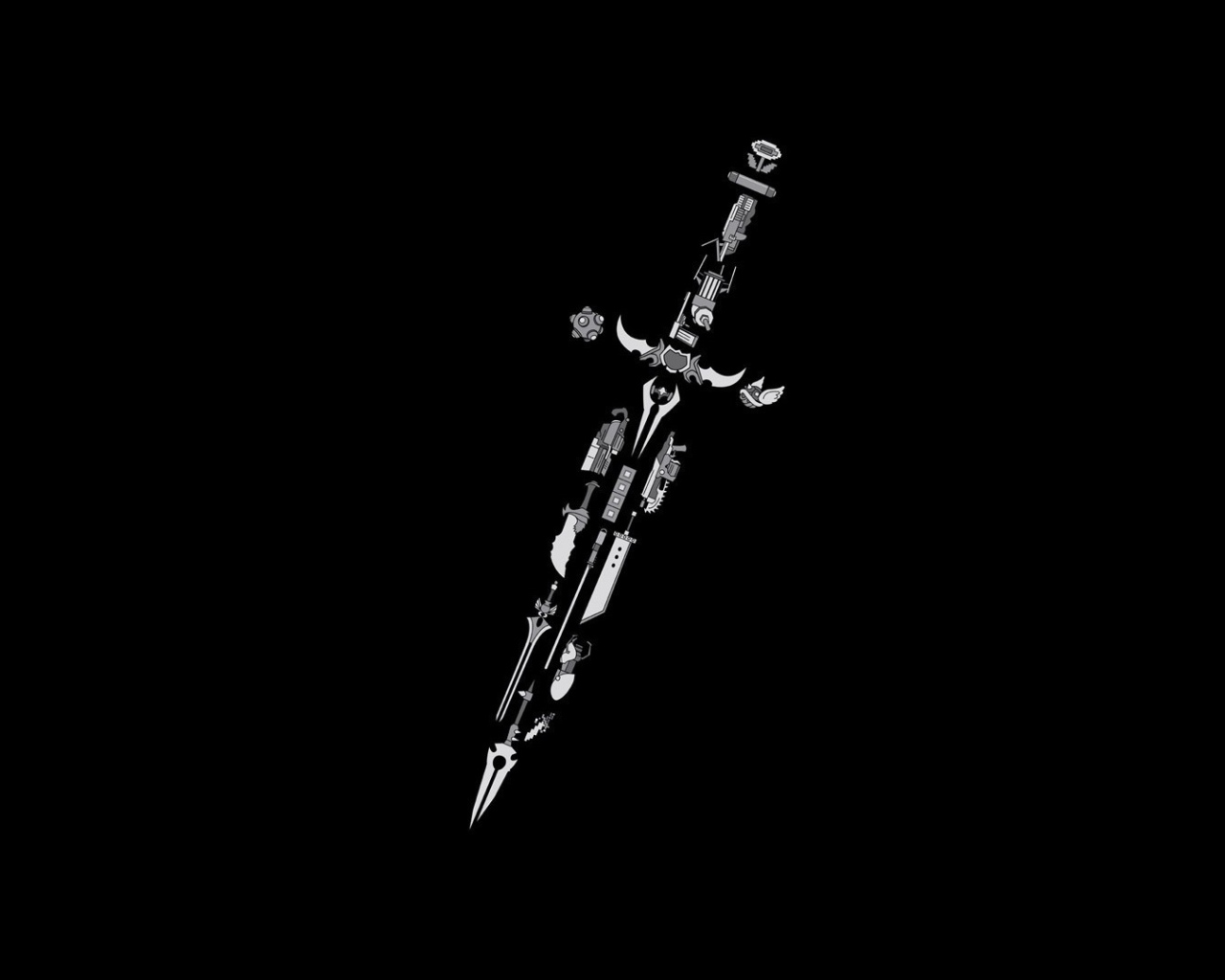Меч из элементов разных игр, черный фон