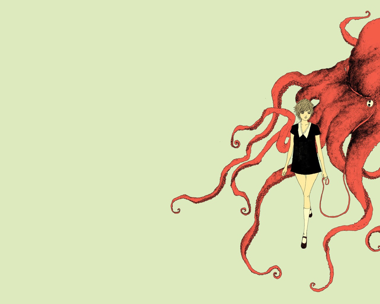 Девушка и красный осьминог, светлый фон