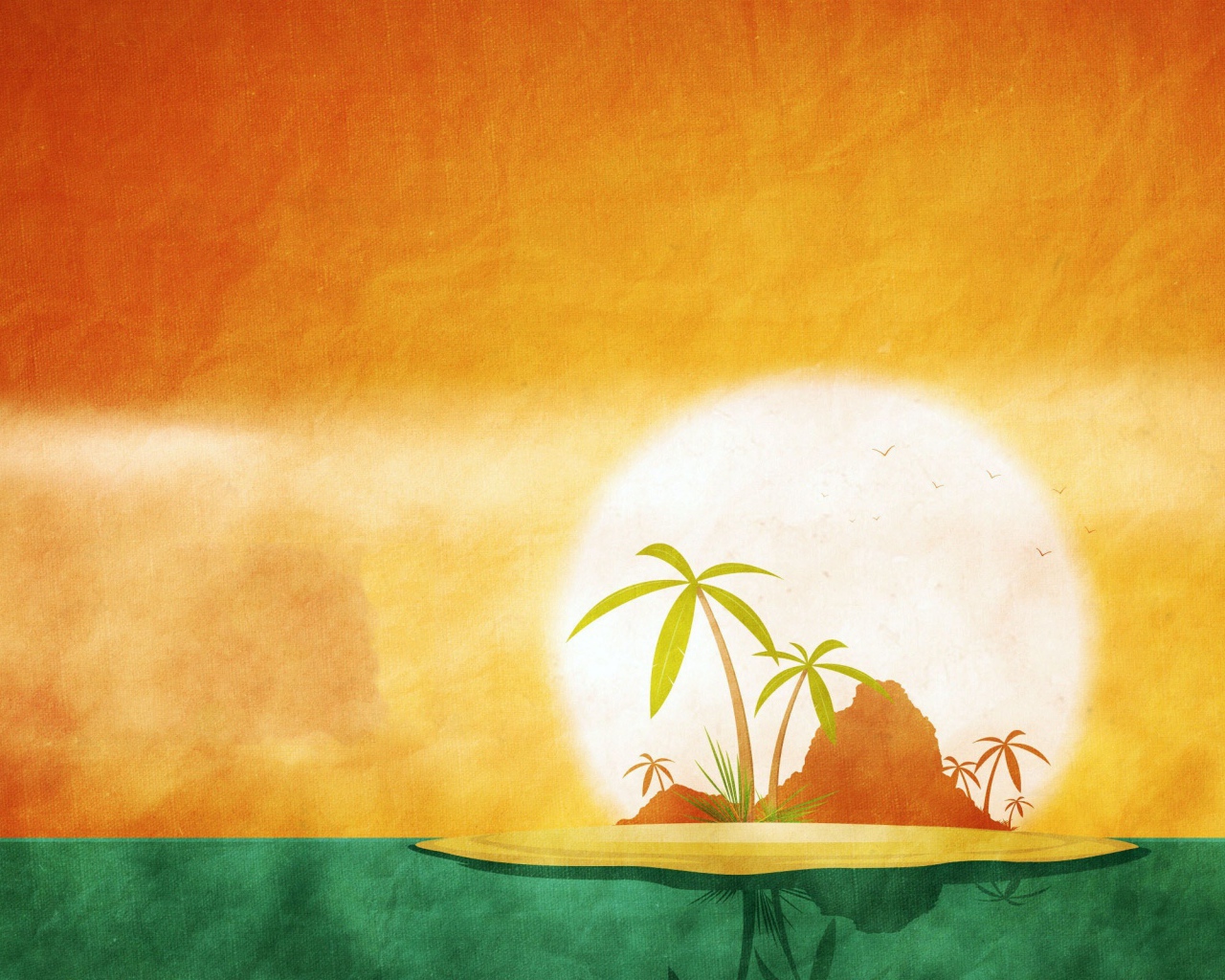 Тропический остров, оранжево зеленый фон